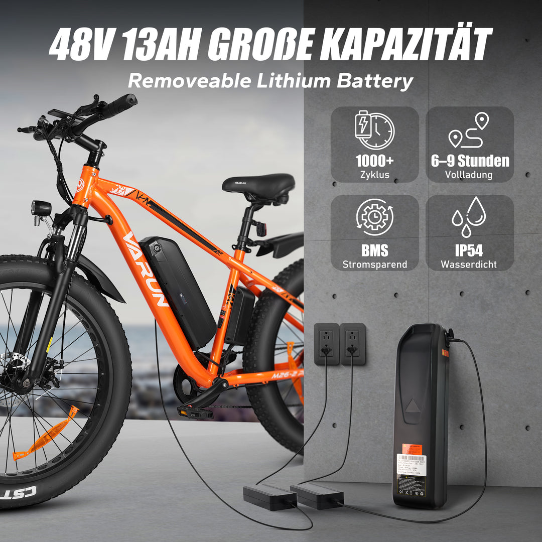 VARUN Fat Tire Electric Bike for Men - Peak 750W Ebikes for Adults - Up to 25MPH 60+ Miles with 48V 13AH Removable Battery - 26" Electric Mountain Bike Features 7-Speed, Lockable Suspension