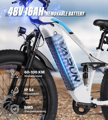 Fat Tire E-Mountainbike Pedelec Bicicletta elettrica fuoristrada con sospensione completa 90 Nm Batteria rimovibile a lungo raggio - Varun Ballistic-White 26'' E-Bike