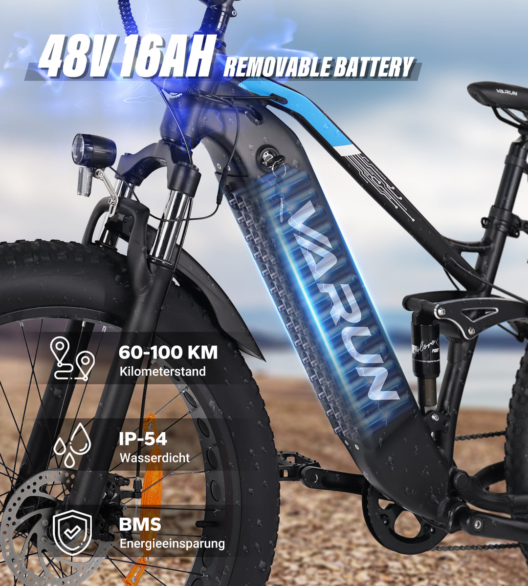 Fat Tire E-Mountainbike Pedelec Bicicletta elettrica fuoristrada con sospensione completa 90 Nm Batteria rimovibile a lungo raggio - Varun Ballistic 26'' E-Bike