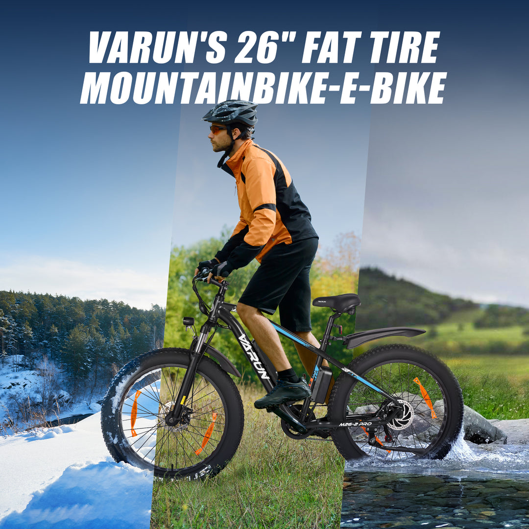 VARUN Fat Tire Electric Bike for Men - Peak 750W Ebikes for Adults - Up to 25MPH 60+ Miles with 48V 13AH Removable Battery - 26" Electric Mountain Bike Features 7-Speed, Lockable Suspension